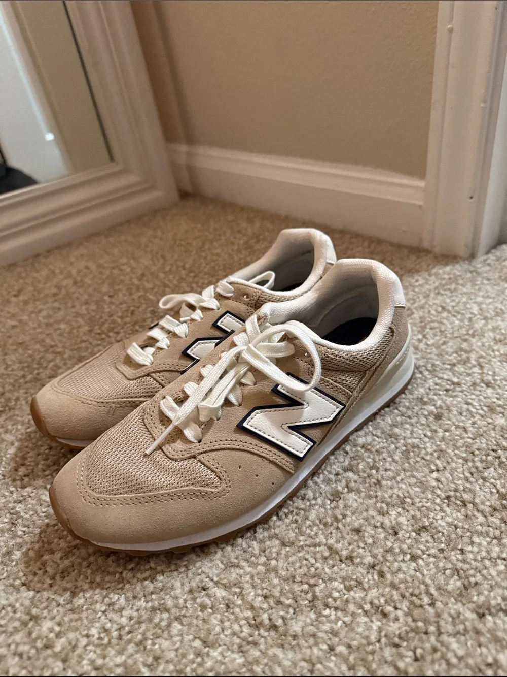 New Balance Beige and White Retro Runner Sneakers